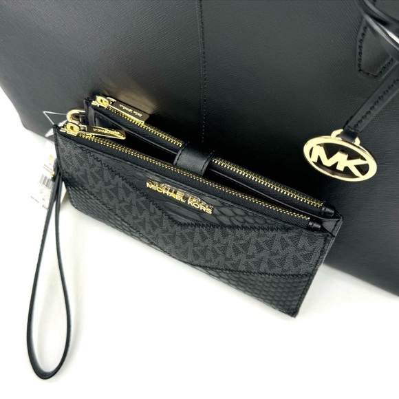 Michael Kors Medium Jet Set Travel Zip Tote Bag & Double Zip Wallet Black/Gold - Picture 11 of 13